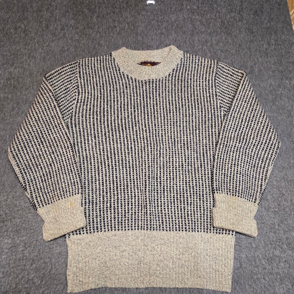 Vintage Fisherman Birdseye Sweater Mens Medium Wool Blend Gray Navy Knit USA